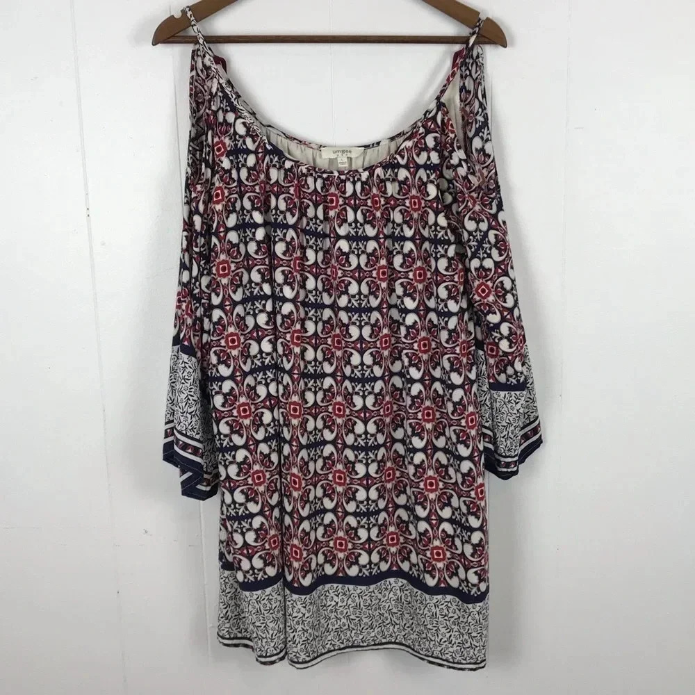 Umgee Tunic Top Size L Cold Shoulder Bell Sleeves Geometric Bohemian Oversized - Picture 5 of 10